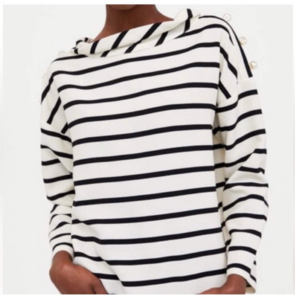 ZARA Black and White Striped Top with Pearl detail
